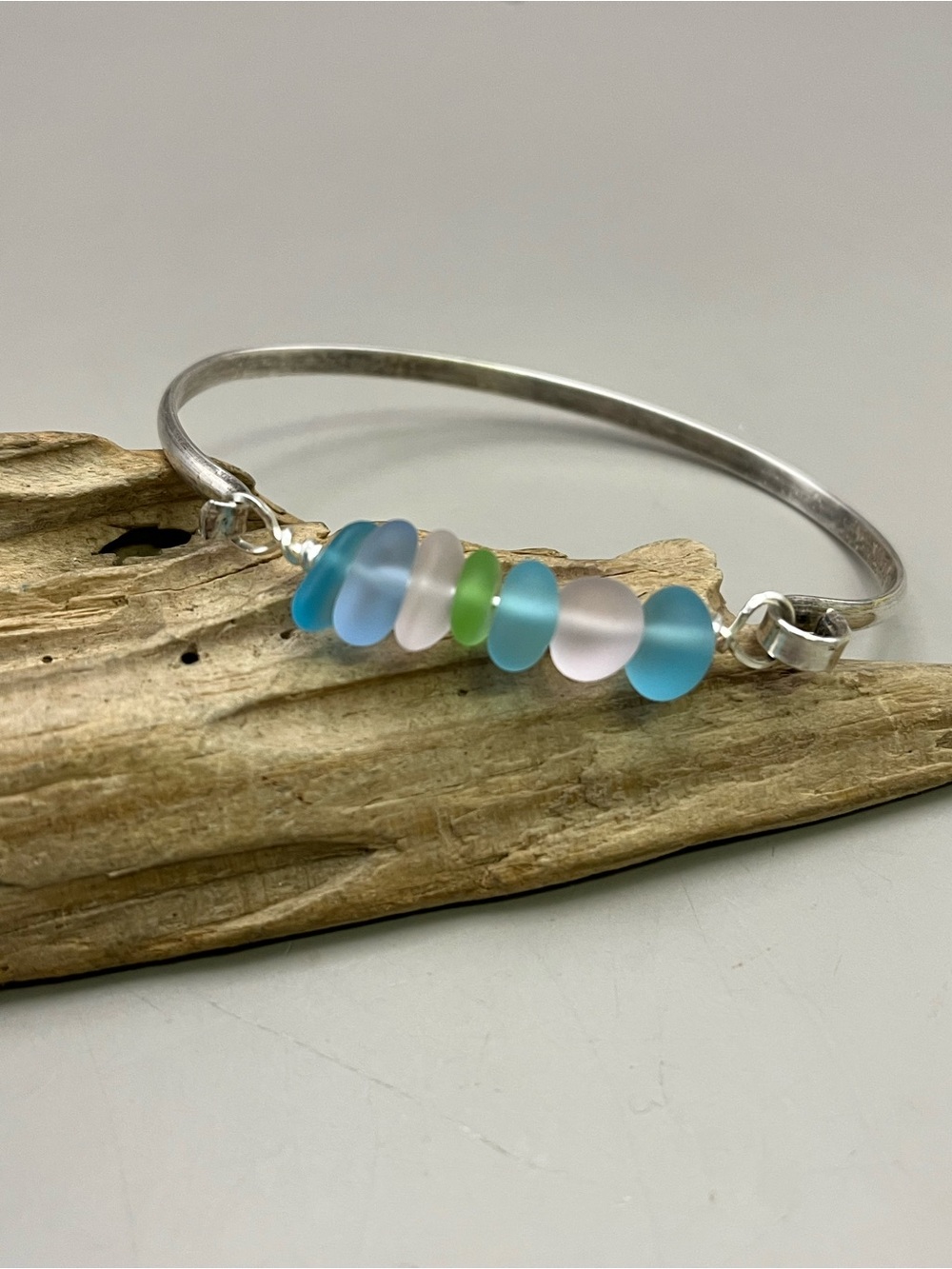 Handmade Sterling Silver Sea Glass Frosted Bead Bangle Bracelet Artisan Boho